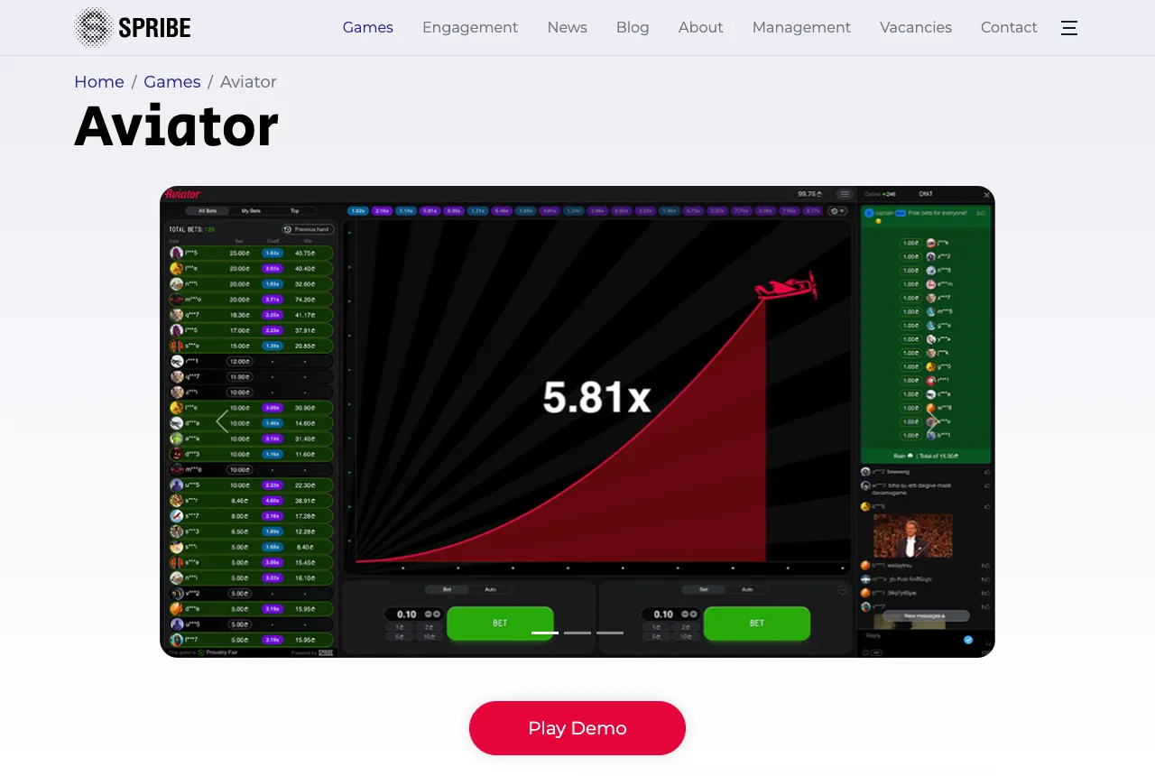 Page officielle d'Aviator sur spribe.co avec l'écran du jeu, la courbe, le chat et le bouton Play Demo