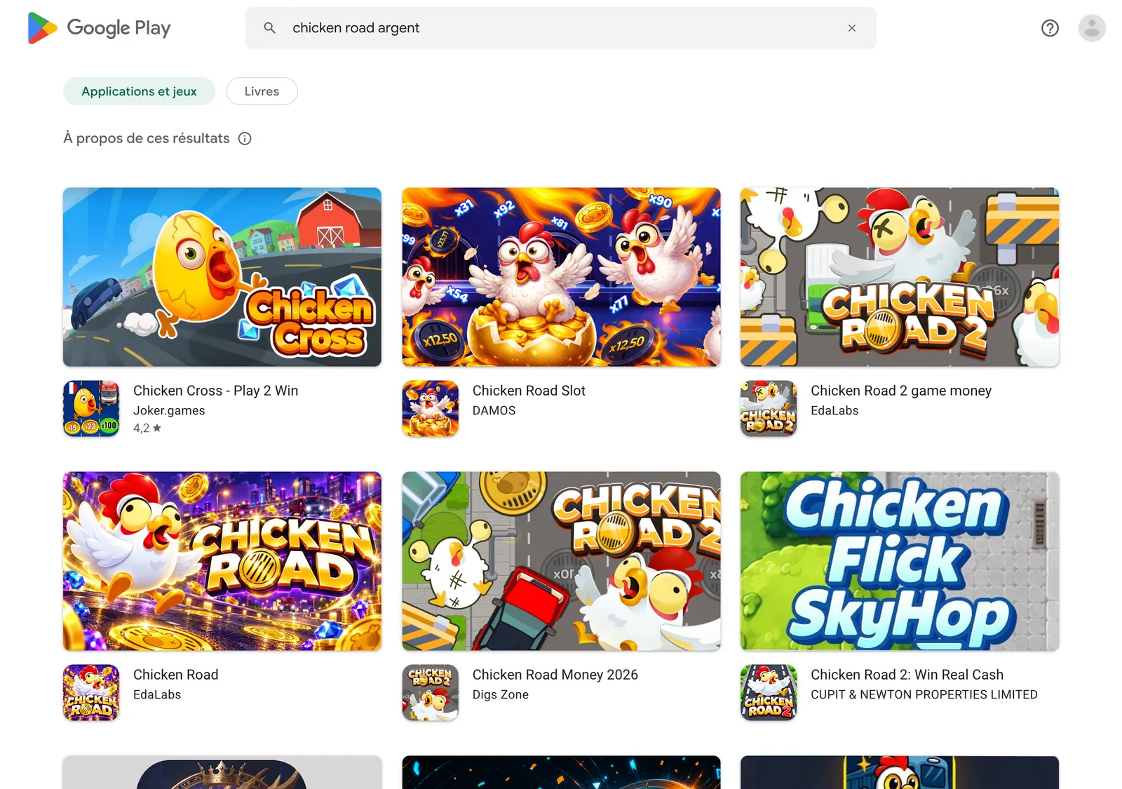 Résultats de Google Play en France pour la recherche chicken road argent, avec des applications aux couleurs du jeu publiées par des développeurs différents