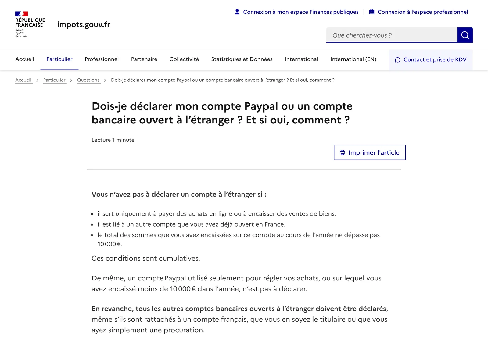 Page de questions-réponses du site impots.gouv.fr intitulée Dois-je déclarer mon compte Paypal ou un compte bancaire ouvert à l'étranger