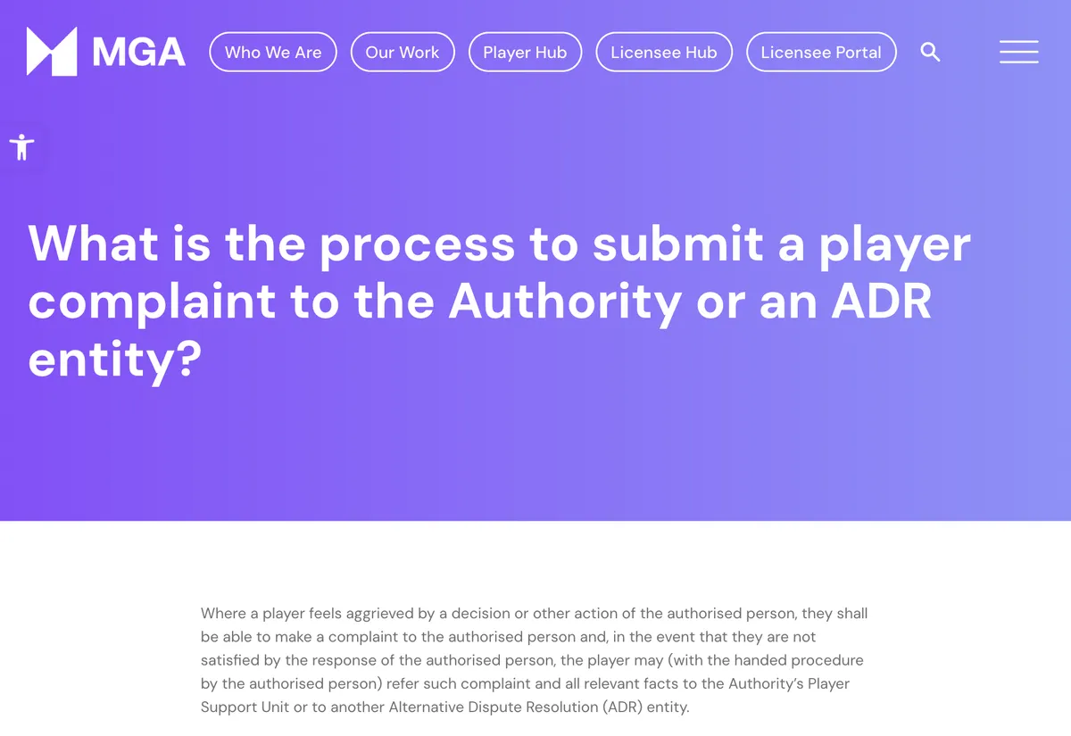 Page de questions fréquentes de la Malta Gaming Authority sur la procédure pour déposer une réclamation auprès de l'autorité ou d'un organisme ADR