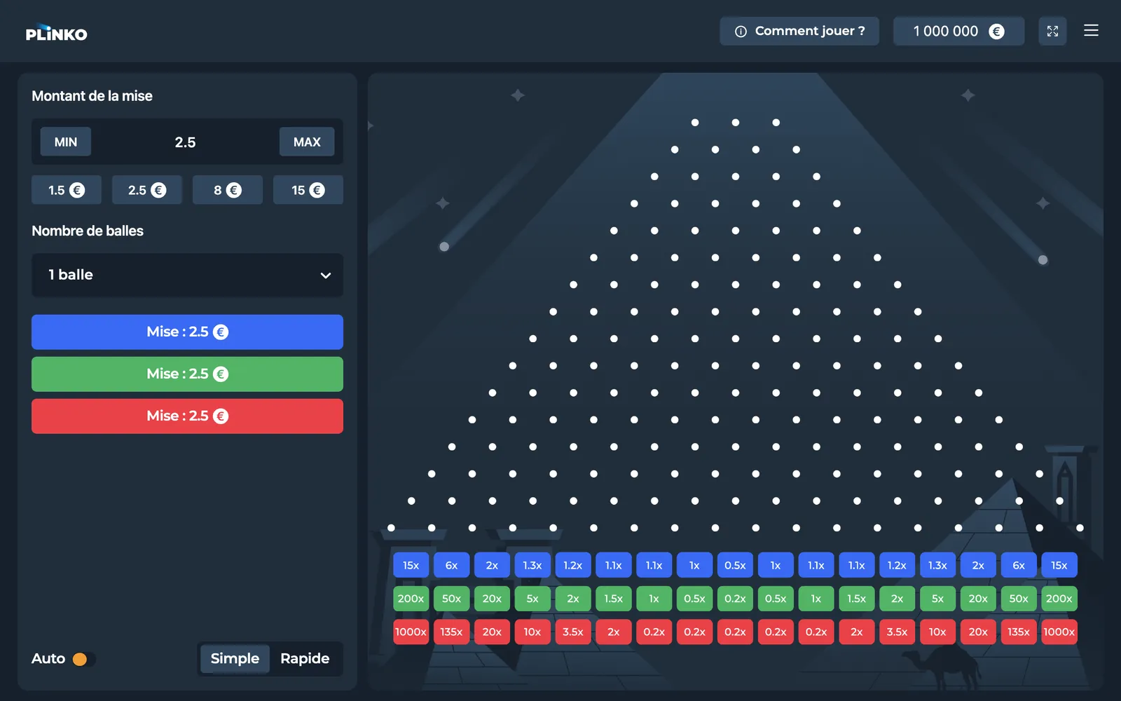 Démo officielle du Plinko d'InOut Games en français avec la pyramide de clous et les trois rangées de multiplicateurs : bleue de 15x à 0,5x, verte de 200x à 0,2x, rouge de 1000x à 0,2x
