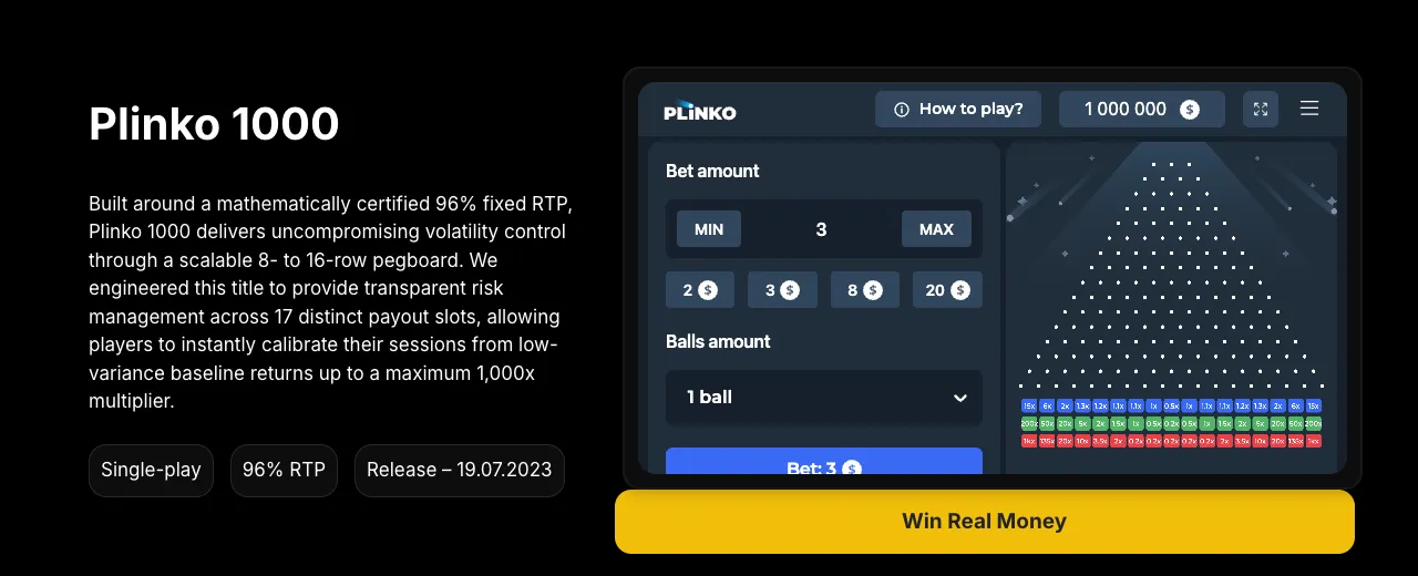 Page de Plinko 1000 sur le site d'InOut Games avec un RTP de 96 %, une sortie le 19 juillet 2023 et la description d'une planche de 8 à 16 rangées
