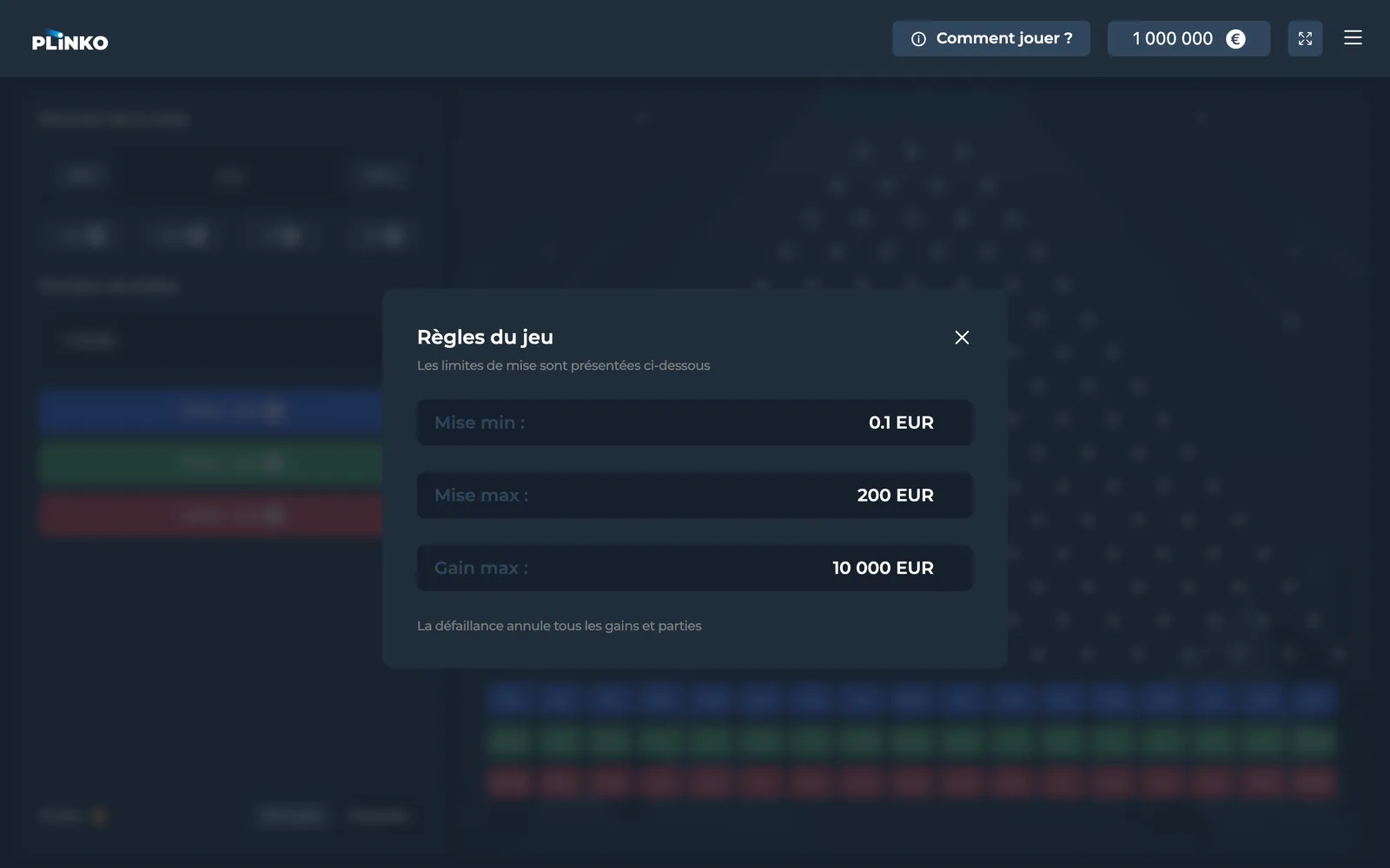 Fenêtre Règles du jeu de la démo du Plinko d'InOut en français : mise minimum 0,1 euro, maximum 200 euros, gain maximum 10 000 euros