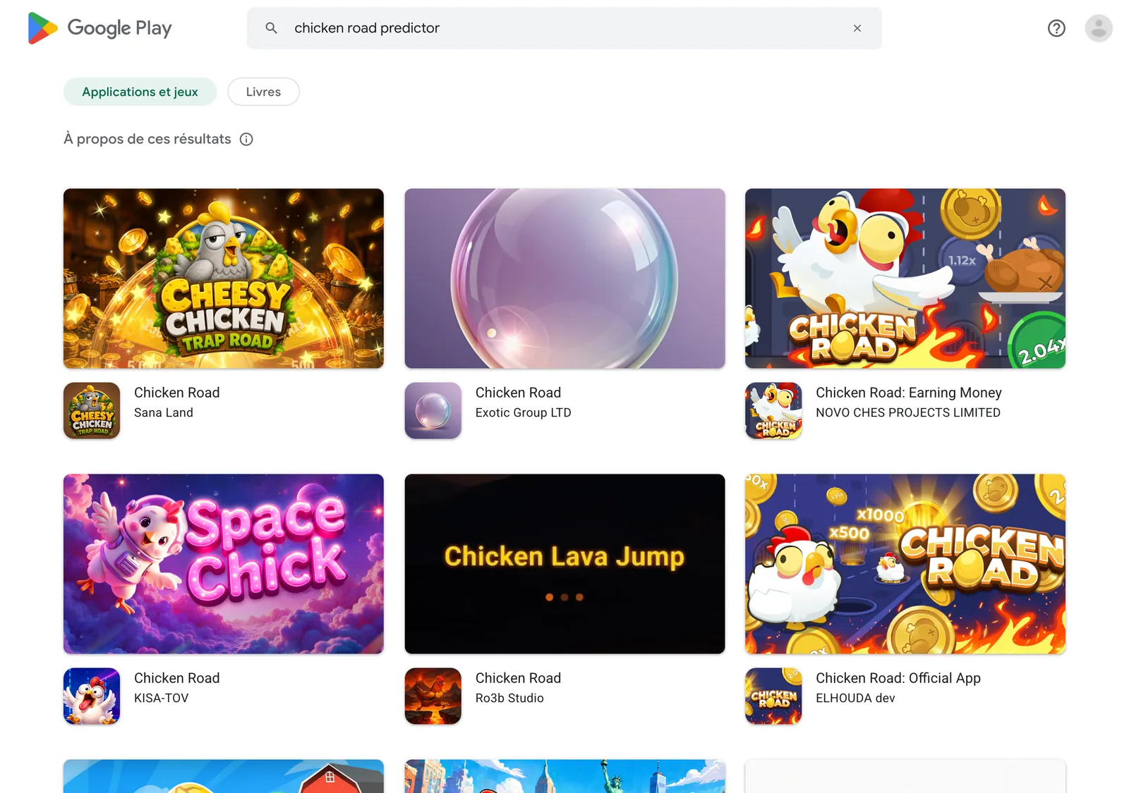 Résultats de Google Play en France pour la recherche chicken road predictor, avec des applications de développeurs différents aux couleurs du jeu