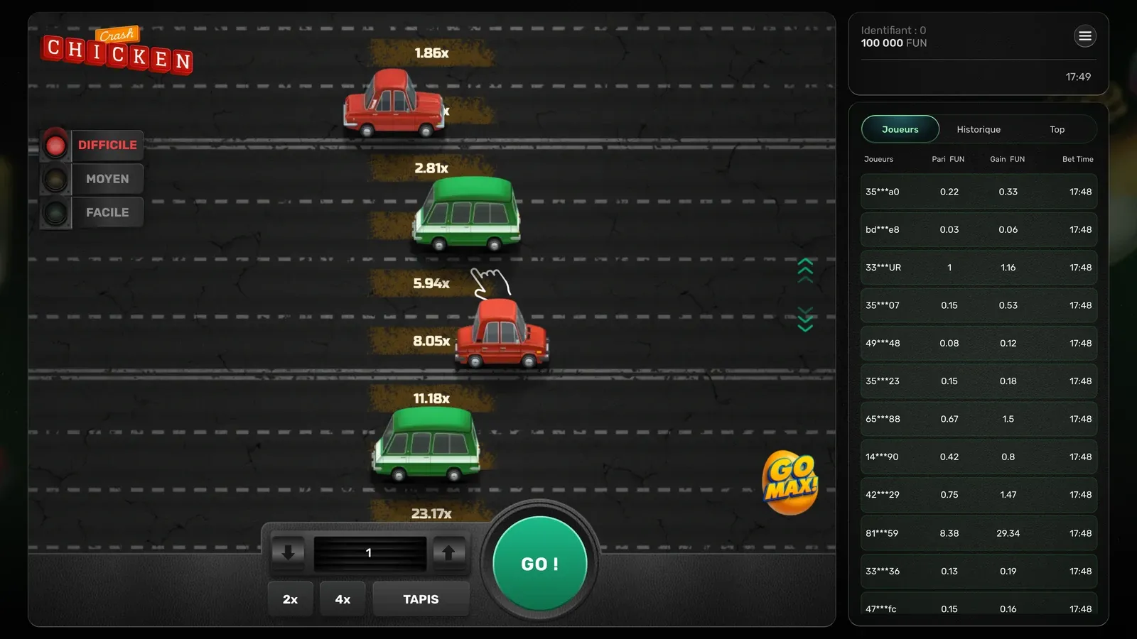 Chicken Crash en Difficile : les lignes 1,86x, 2,81x, 5,94x, 8,05x, 11,18x et 23,17x