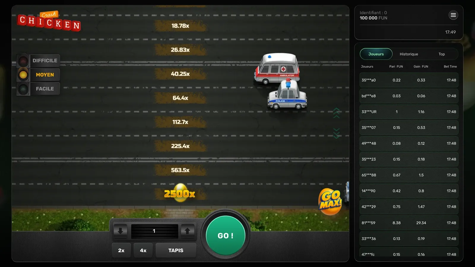 Fin de la route en Moyen dans Chicken Crash : l’œuf d’or à 2 500x et le bouton Go Max