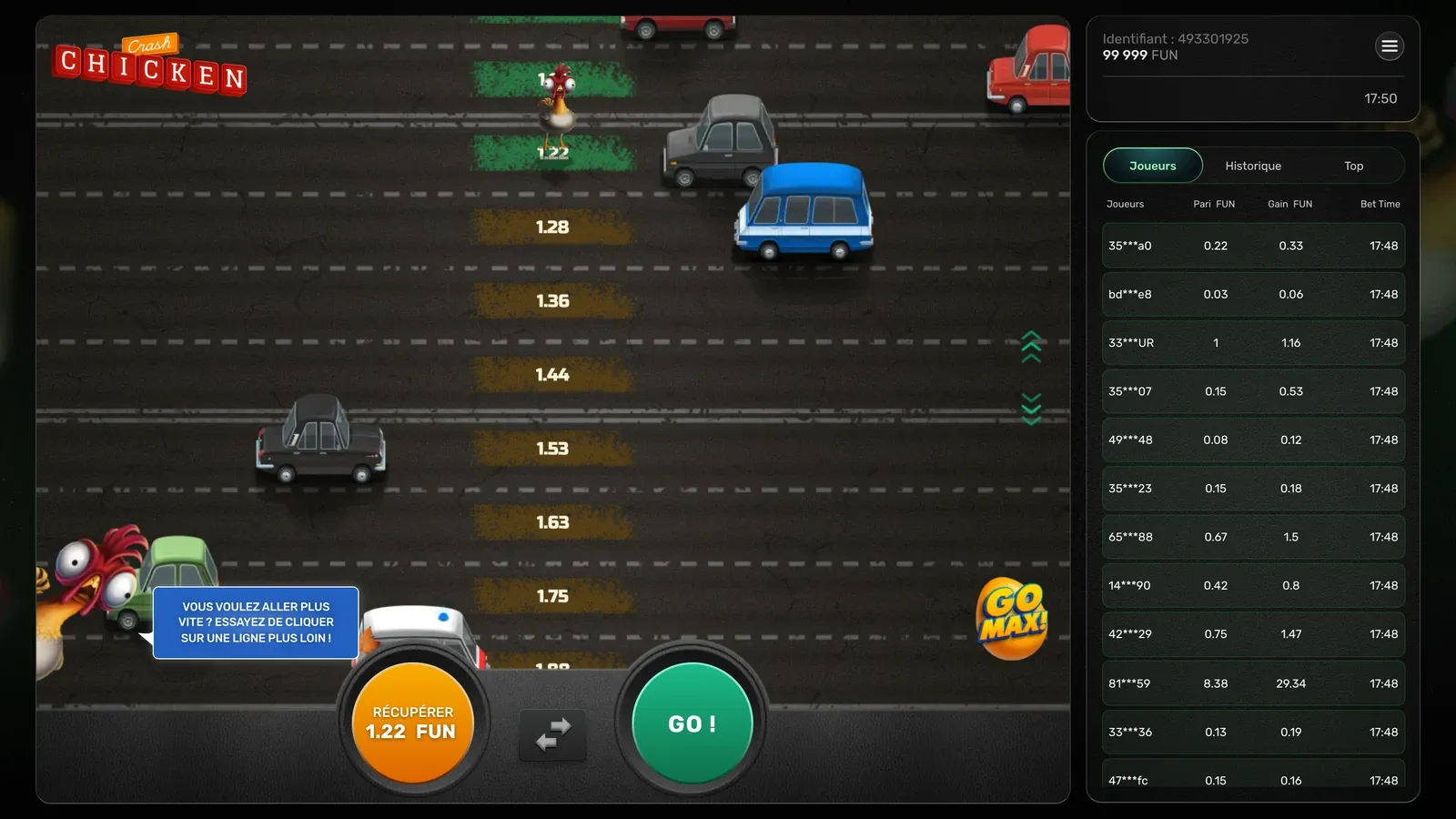 Manche en cours sur Chicken Crash : la poule à la ligne 1,22x et le bouton « Récupérer 1.22 FUN »